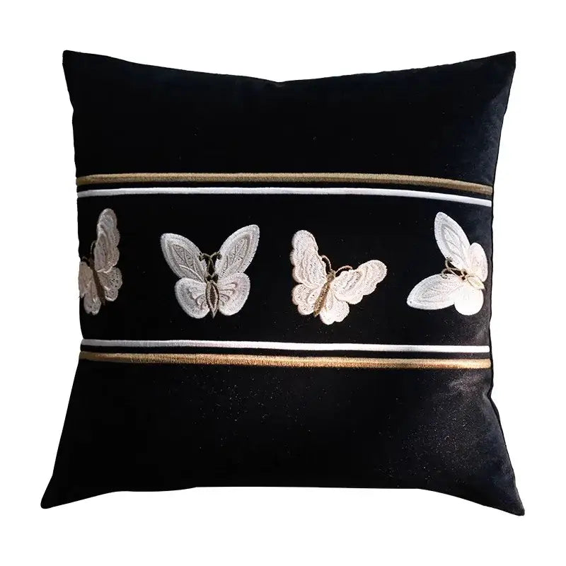 Black velvet french night velvet throw pillow with embroidered white butterflies and metallic thread accents for bedroom decor