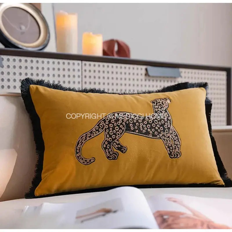 Mustard yellow velvet french night throw pillow with black fringe and embroidered leopard for black and white decorbites french night