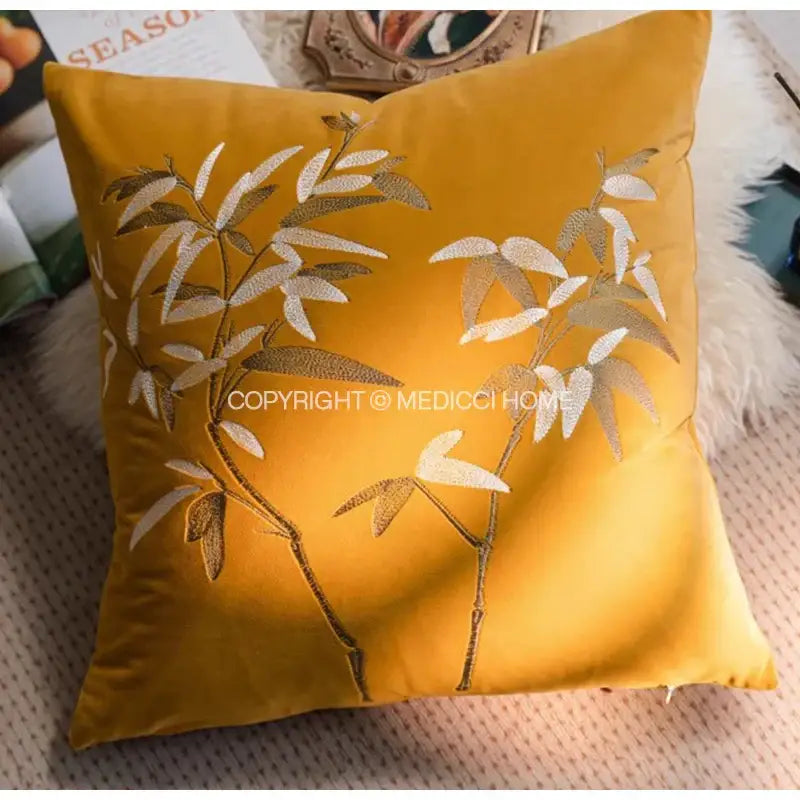 Golden velvet french night velvet throw pillow with intricate silver and beige embroidered bamboo leaves for decorbites french night