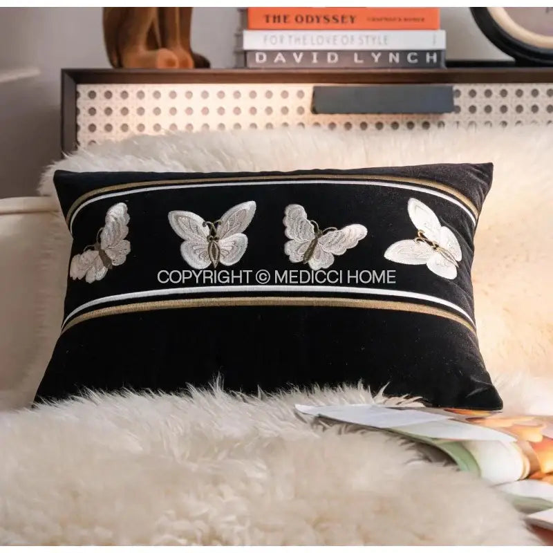 Black velvet french night velvet throw pillow with white embroidered butterflies and gold trim for bedroom decor