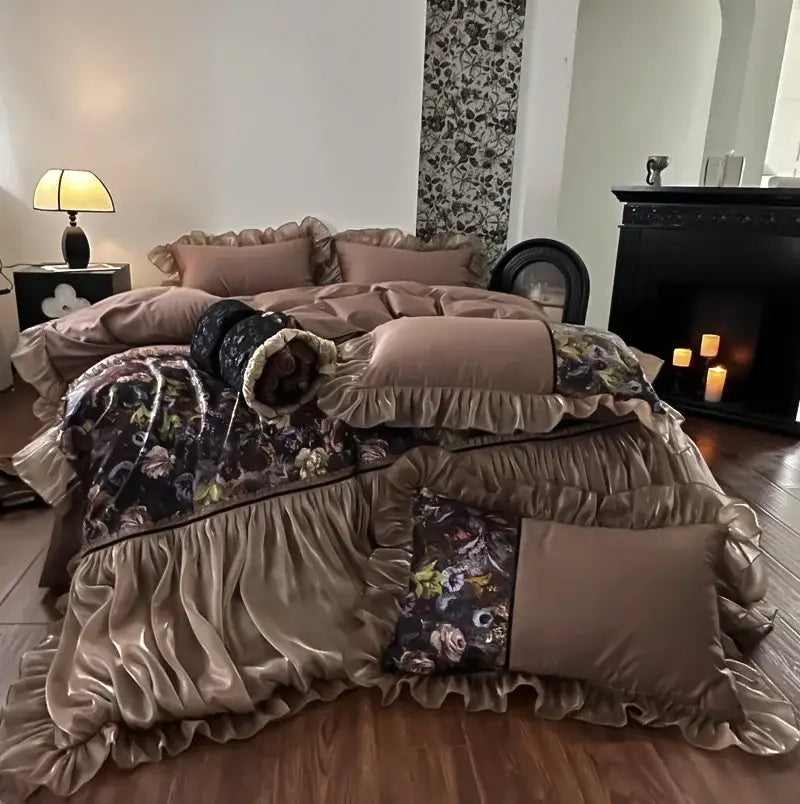 A plush french organza lace taupe floral bedding set in warm brown velvet with egyptian cotton for elegant decorbites decor