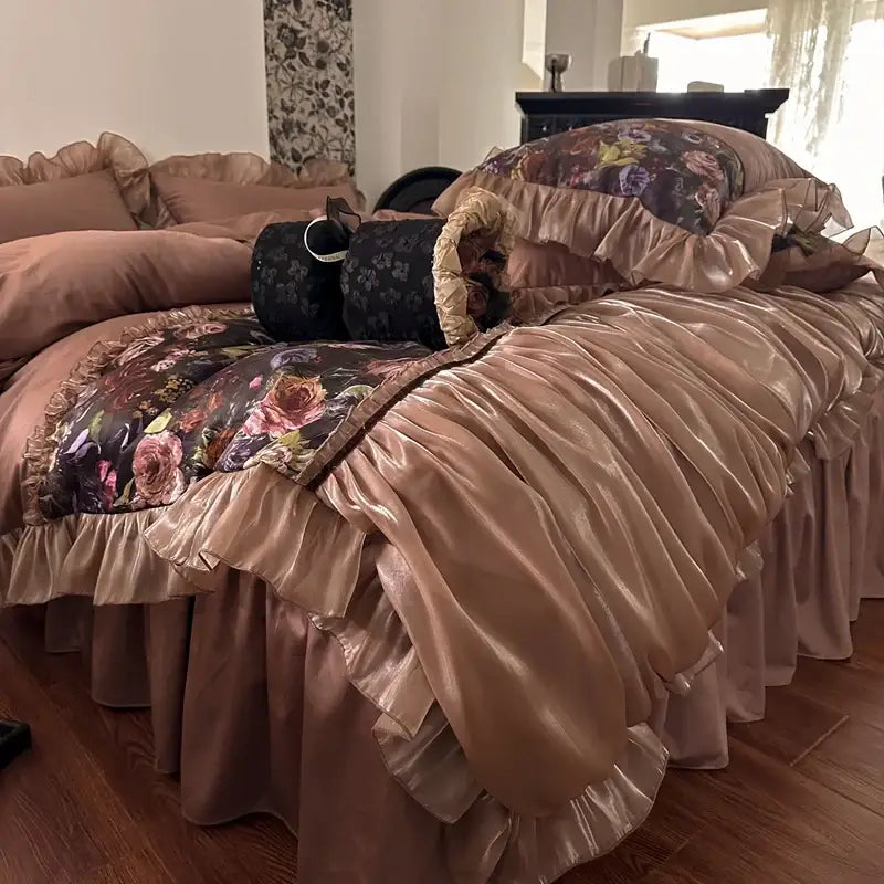 Luxurious taupe french organza lace bedding set with rose-patterned satin and ruffled edges by decorbites french organza