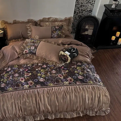 Brown floral french organza lace taupe bedding set with ruffled satin edges and matching pillows by decorbites french organza