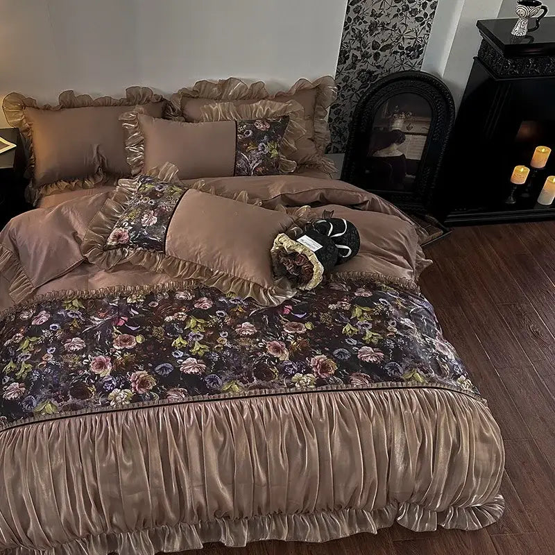 Brown floral french organza lace taupe bedding set with ruffled satin edges and matching pillows by decorbites french organza