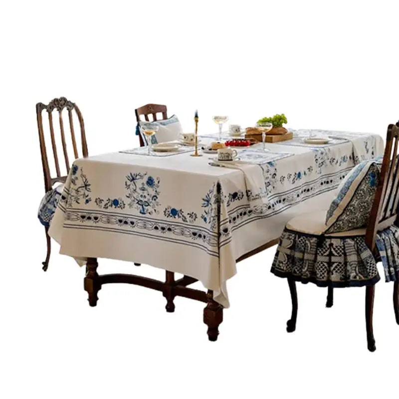 Beige onion print tablecloth with blue floral decorbites blue onion embroidery and black decorative border for dining room decor