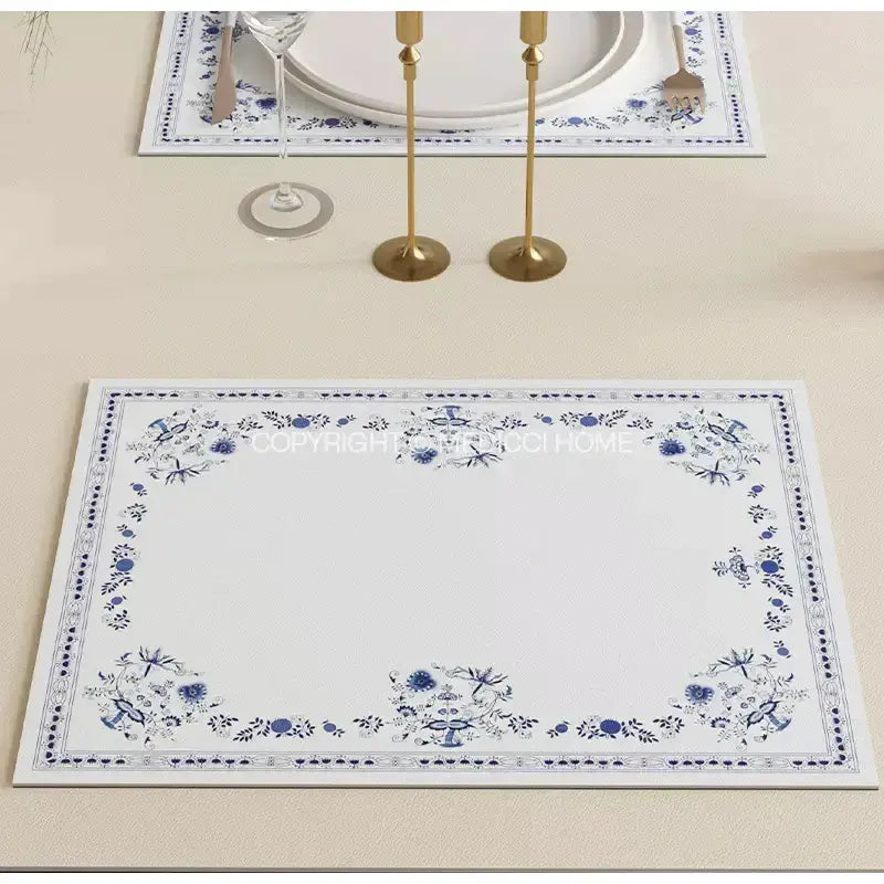 White rectangular placemat with delicate blue floral blue onion print border for decorbites blue onion tablecloth decor