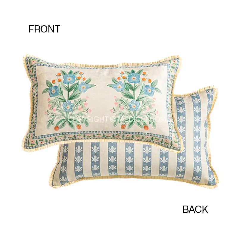 Rectangular pillow cover 30x50cm with blue floral design and striped navy cream back decorbites french pastoral decor