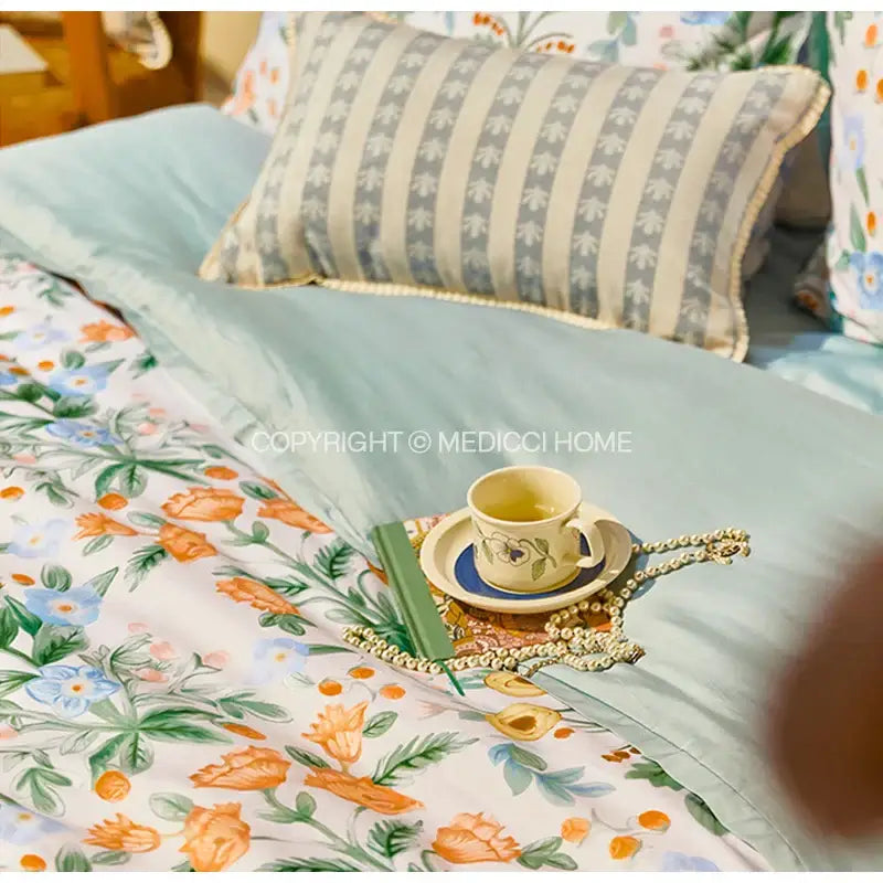 Cream-colored ceramic teacup with floral design on saucer complements decorbites french pastoral pillow cover 30x50cm decor