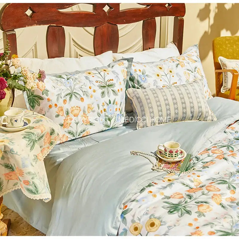 A soft light blue satin duvet cover with delicate orange and green floral pattern for decorbites french pastoral pillow cover 30x50cm