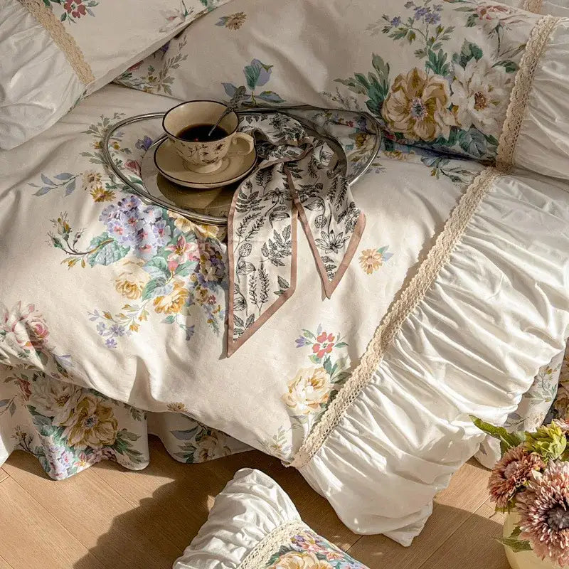 Cream floral lace bedding set with ruffled edges and cotton trim from decorbites french pastoral princess collection