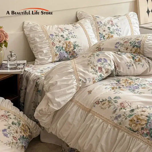 Cream floral lace bedding set with delicate ruffled edges in cotton by decorbites french pastoral princess collection