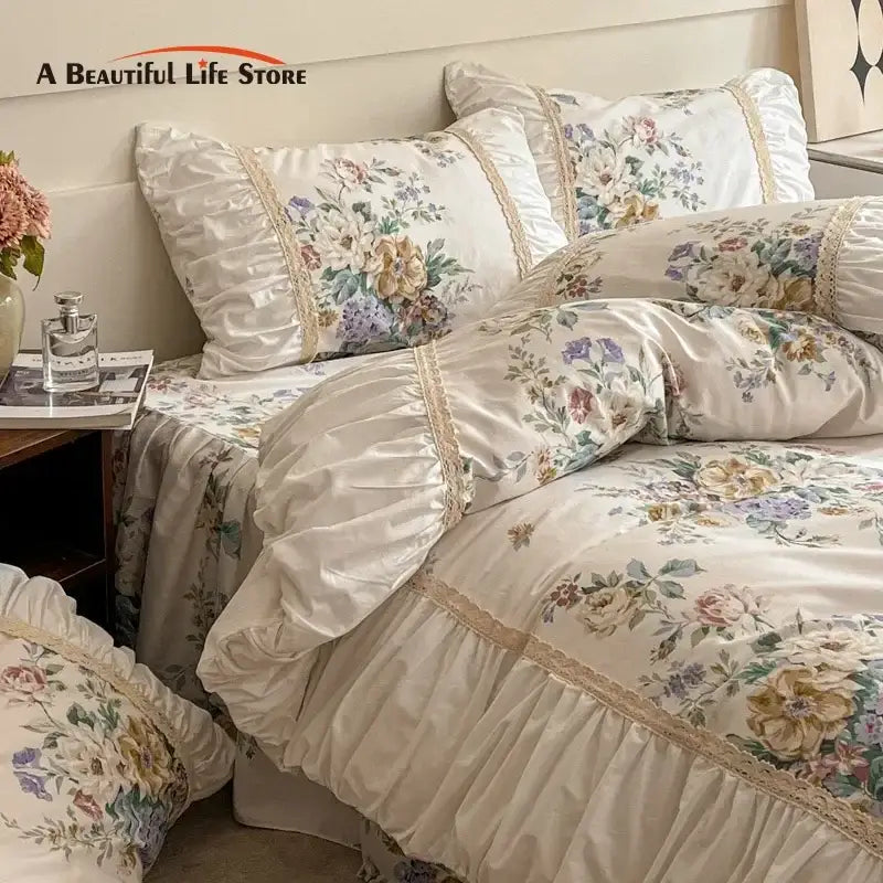 Cream floral lace bedding set with delicate ruffled edges in cotton by decorbites french pastoral princess collection