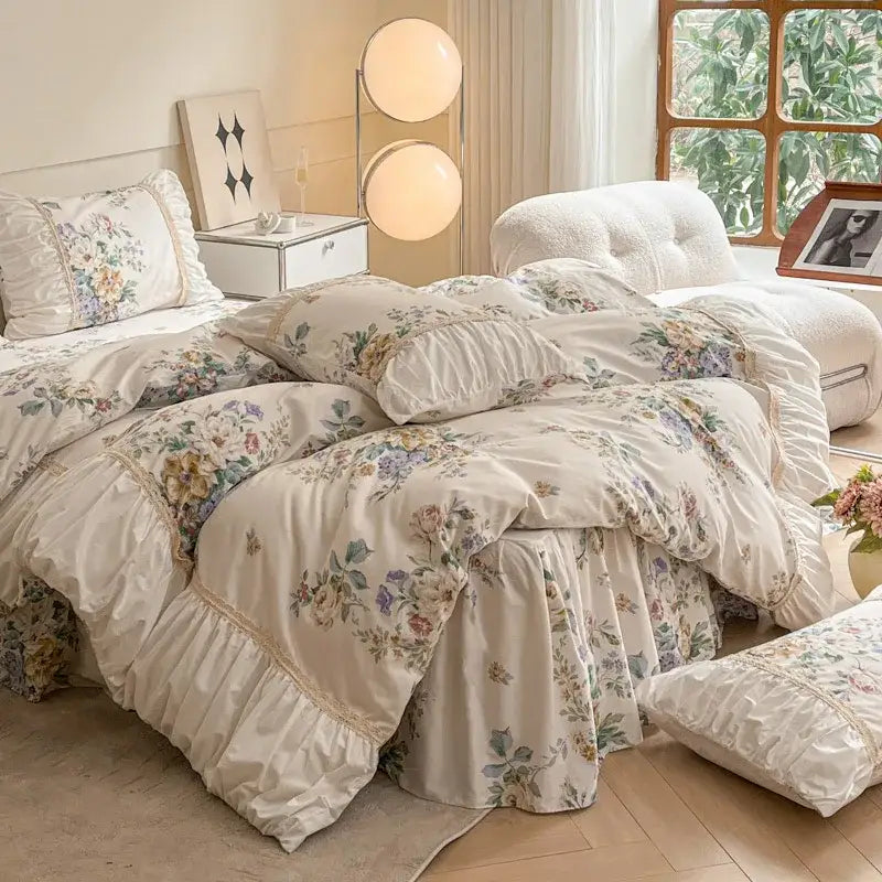 Cream-colored cotton bedding set with delicate ruffles and embroidered lace trim in decorbites french pastoral style