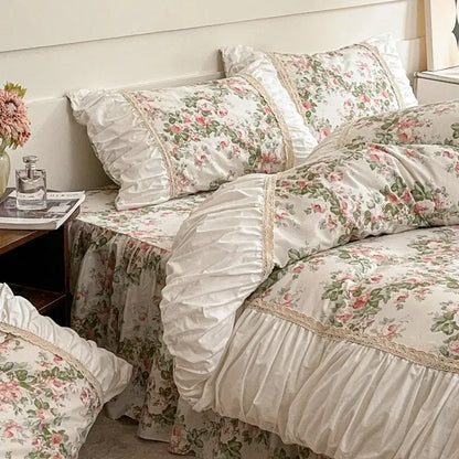 Floral-patterned cotton bedding set with soft pink and green roses on cream featuring delicate lace trim decorbites french pastoral princess