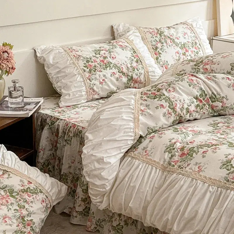 Floral-patterned cotton bedding set with soft pink and green roses on cream featuring delicate lace trim decorbites french pastoral princess