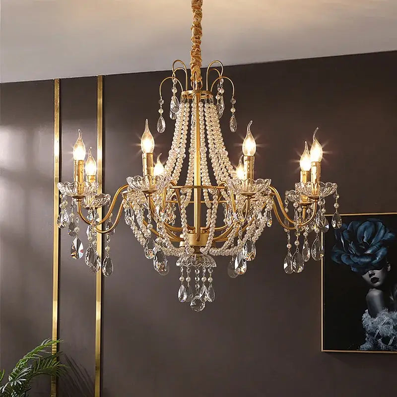 Gold-toned decorbites french pearl chandelier with cascading clear crystal beads and teardrop crystals for living room decor
