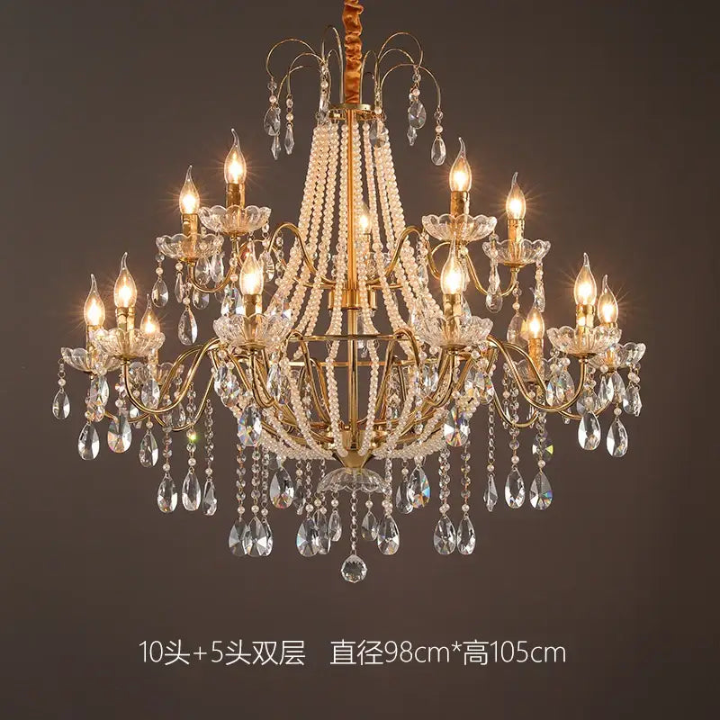 Luxurious gold-toned decorbites french pearl chandelier with crystal droplets and 15 candle-style bulbs for living rooms