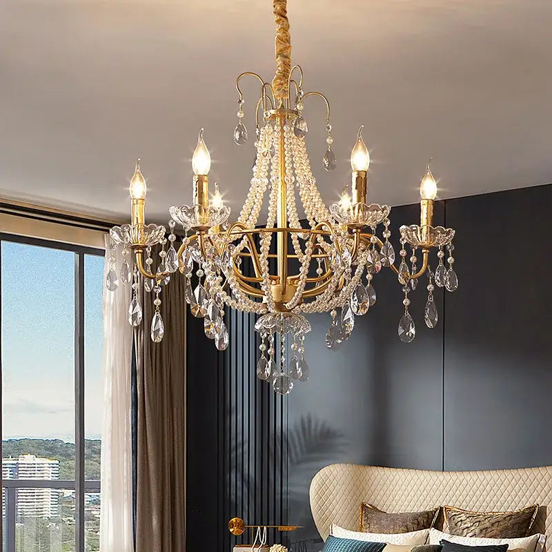 Gold-toned decorbites french pearl chandelier with cascading crystal droplets and braided rope suspension for living room decor