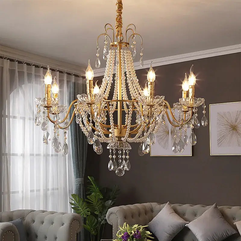 Gold-toned decorbites french pearl chandelier with 6 crystal droplets and candle-style bulbs for living room decor