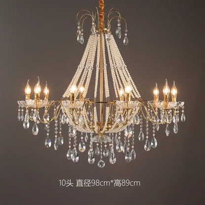 Gold-toned decorbites french pearl chandelier with multiple tiers of clear crystals and ten candle-style bulbs for living room decor