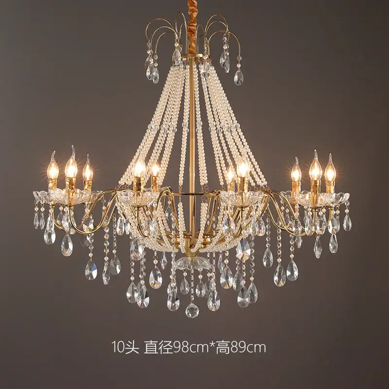 Gold-toned decorbites french pearl chandelier with multiple tiers of clear crystals and ten candle-style bulbs for living room decor