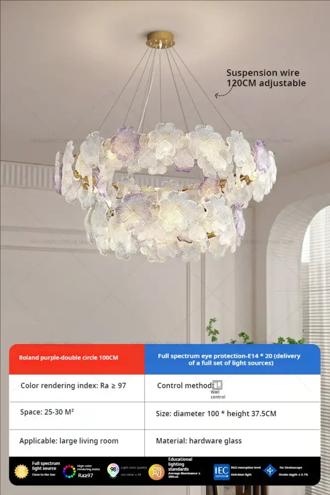 Delicate double-circle petals crystal chandelier light with translucent purple and white glass flowers for dining room decorbites petals crystal