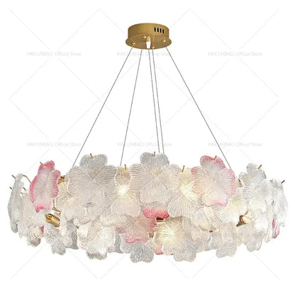 A delicate decorbites petals crystal chandelier light with white and pink glass flowers for dining room decor