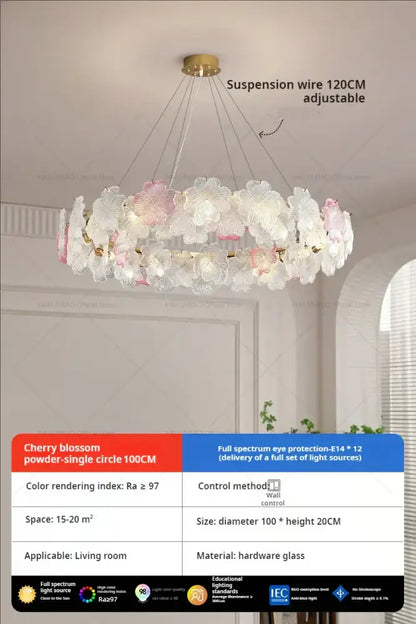 Delicate french petals crystal chandelier light with pink and white cherry blossom petals in gold-toned hardware glass suspension