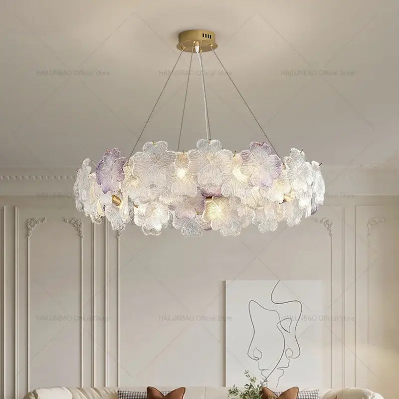 Elegant petals crystal chandelier light with translucent white and pink glass petals for dining room decorbites petals crystal
