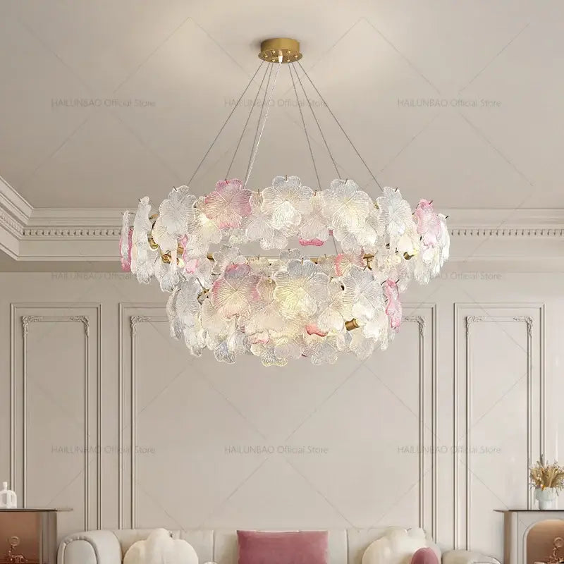 Elegant double-tiered decorbites petals crystal chandelier light in soft white and blush pink for dining room decor