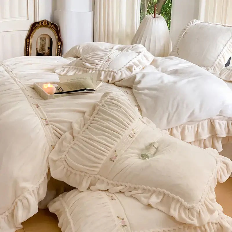 Cream-colored velvet duvet cover with french pleat lace and delicate floral embroidery from decorbites french pleat set