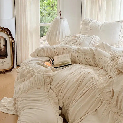 Cream-colored plush french pleat lace velvet duvet cover with ruffled edges and subtle embroidery by decorbites french pleat