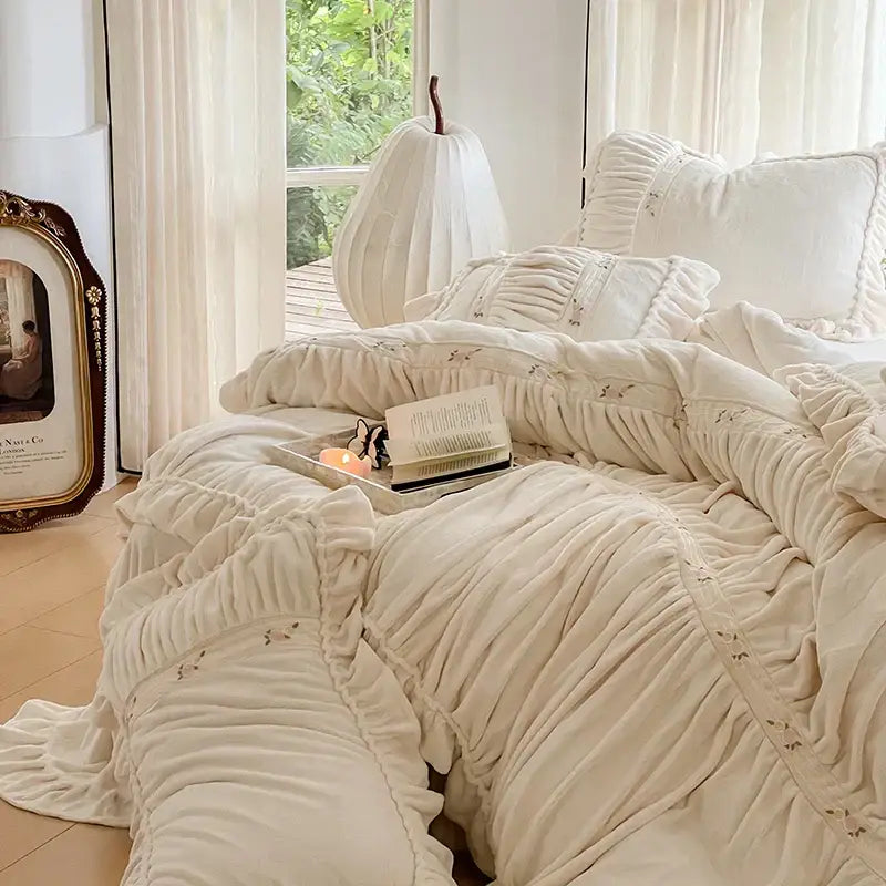 Cream-colored plush french pleat lace velvet duvet cover with ruffled edges and subtle embroidery by decorbites french pleat