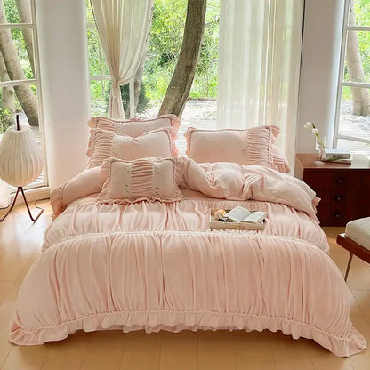 Soft blush pink ruffled duvet cover with delicate embroidered details in decorbites french pleat lace cream velvet design