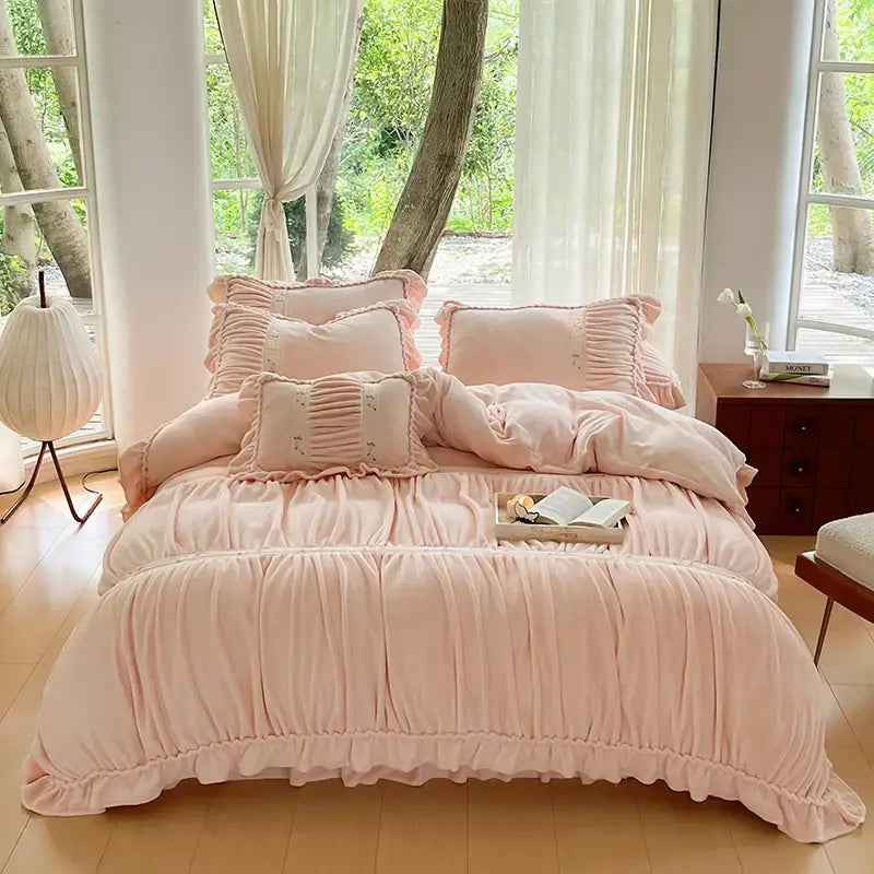 Soft blush pink ruffled duvet cover with delicate embroidered details in decorbites french pleat lace cream velvet design