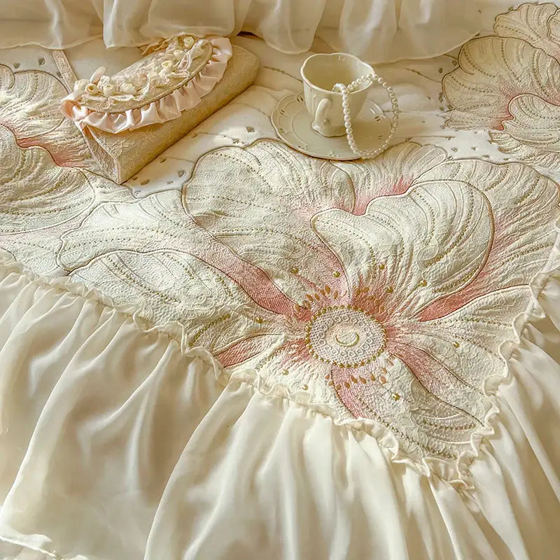 A cream bedding set with pink and gold floral embroidery and ruffled edges from decorbites french princess collection