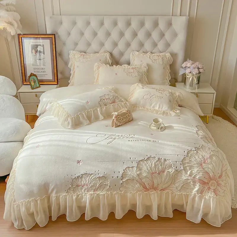 Cream-colored satin bedding set with embroidered floral patterns and ruffled edges decorbites french princess wedding style