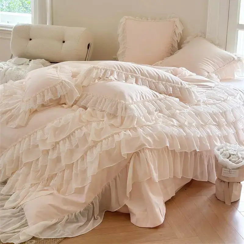 Cream-colored layered ruffle bedding set with soft cotton fabric and frayed edges decorbites french princess bedding