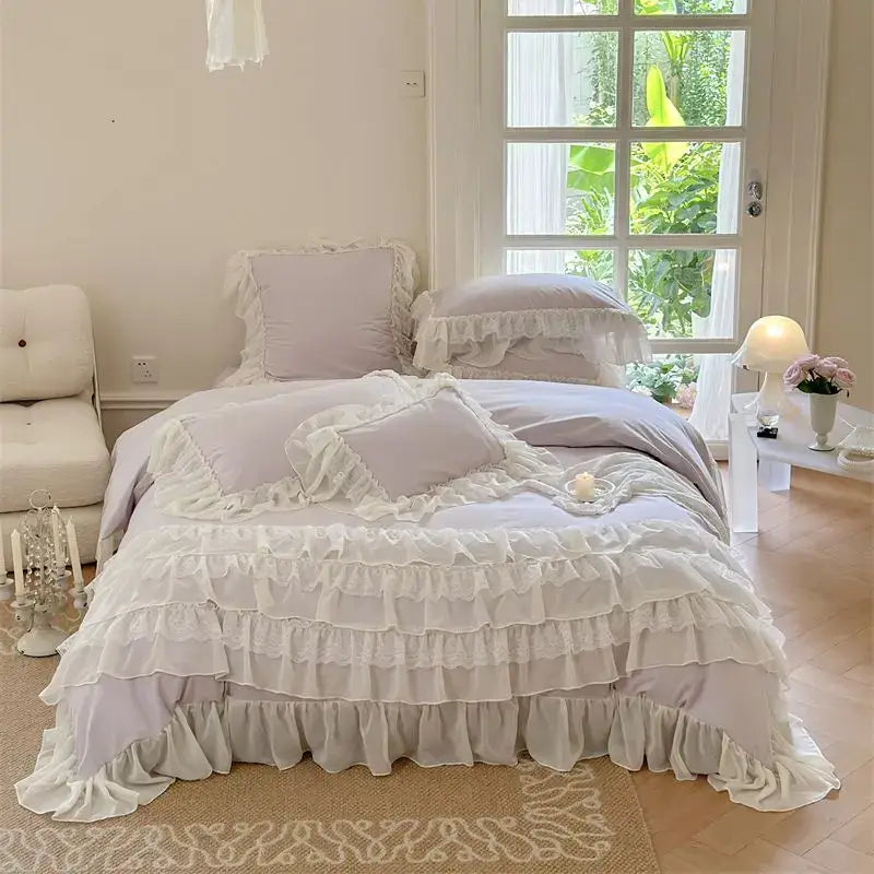 Layered white ruffled bedding set with delicate lace trim and soft lavender accents for decorbites french princess bedroom