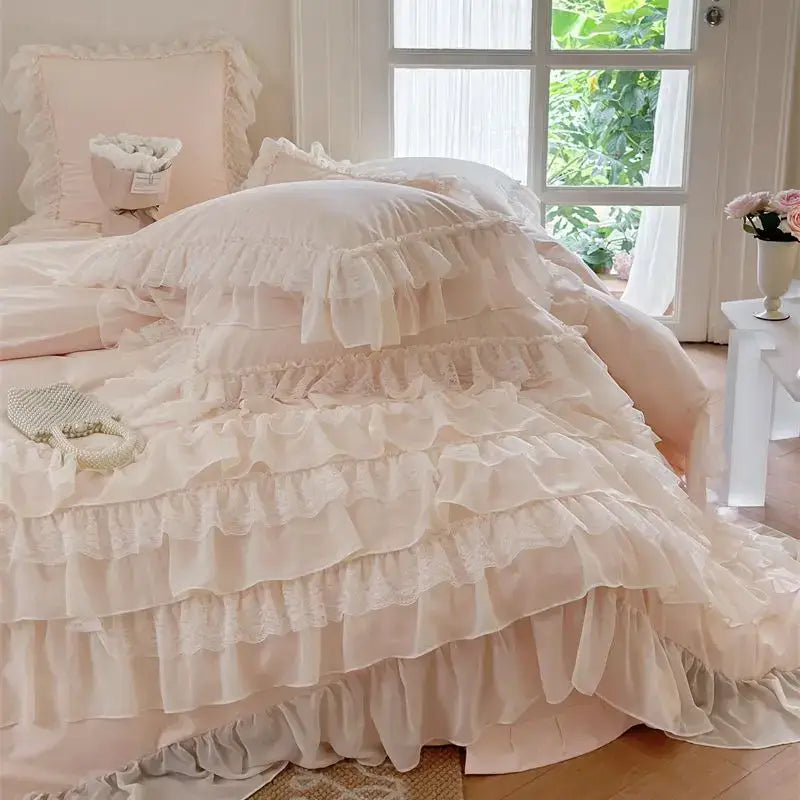 A delicate cream-colored bedding set with multi-layered ruffles and lace trim decorbites french princess style