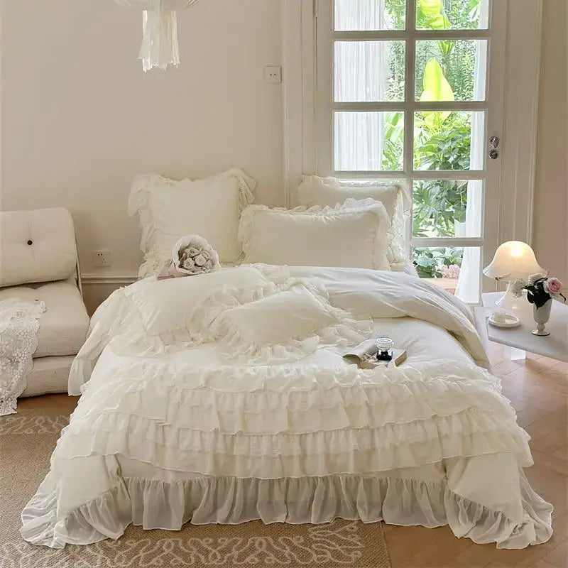 White french princess bedding set with cream ruffled sheer fabric and delicate lace frills by decorbites french princess
