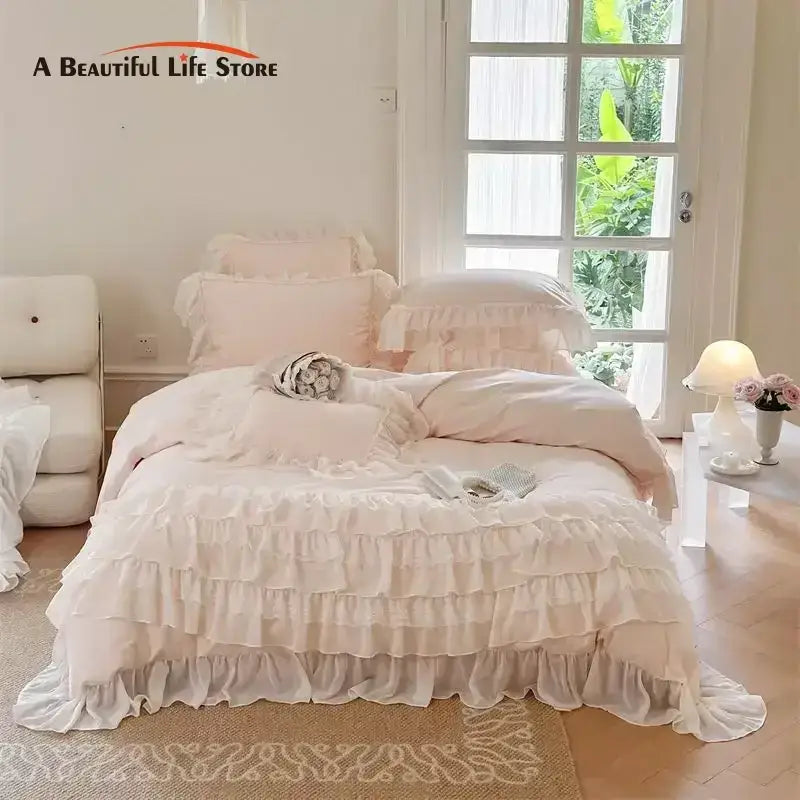 Cream-colored french princess bedding set featuring ruffled bedspread with layered lace trim for elegant decorbites style