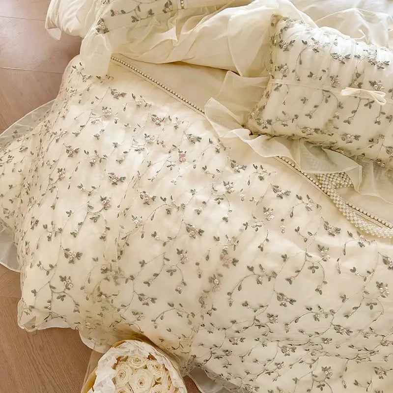 Cream-colored bedding set with french princess floral lace and ruffled edges for elegant decorbites french princess decor