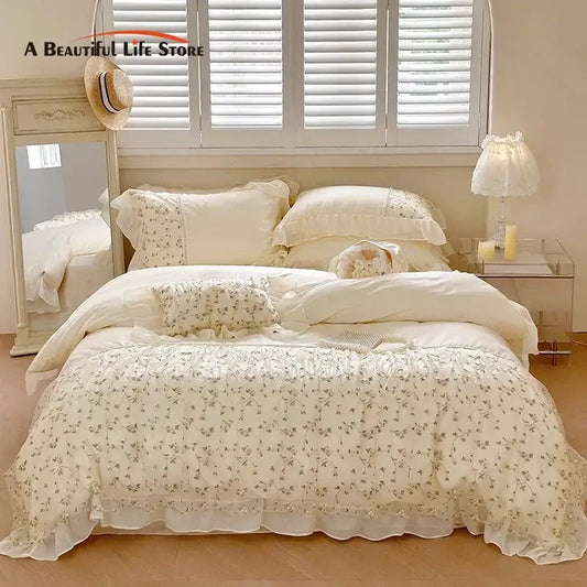 Cream-colored french princess floral lace ruffles bedding set with delicate trim perfect for bedroom decorbites decor