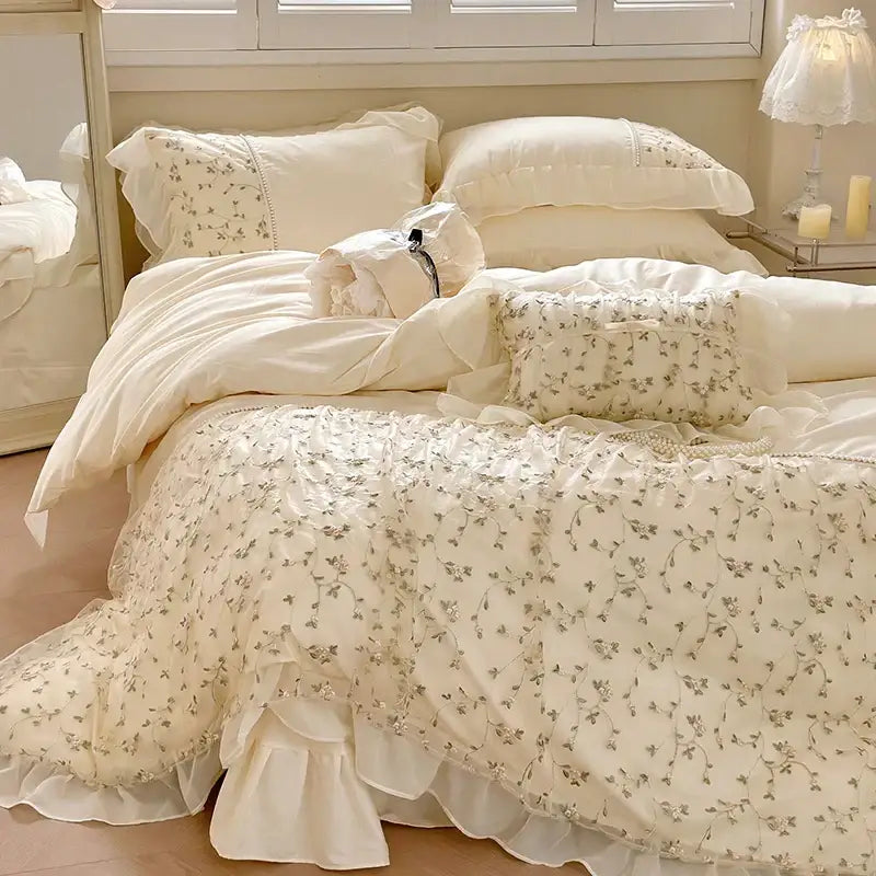 Cream-colored bedding set with delicate gray floral embroidery and layered ruffles from decorbites french princess floral collection