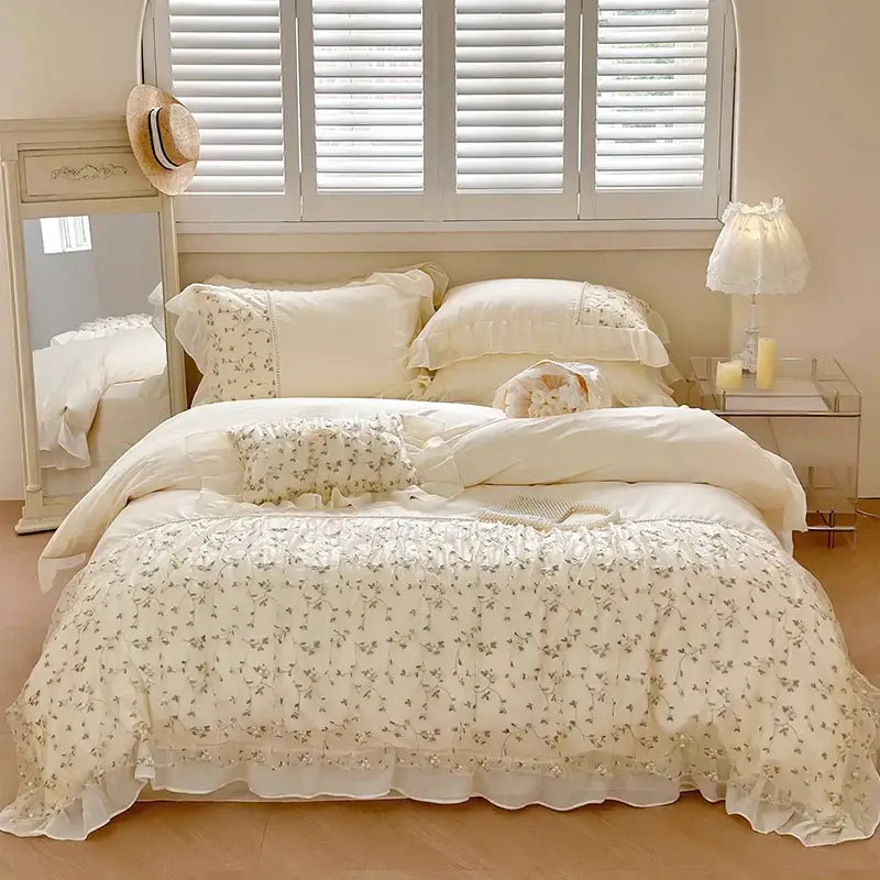 Cream-colored french princess floral bedding set with delicate lace trim and ruffles for elegant bedroom decorbites decor