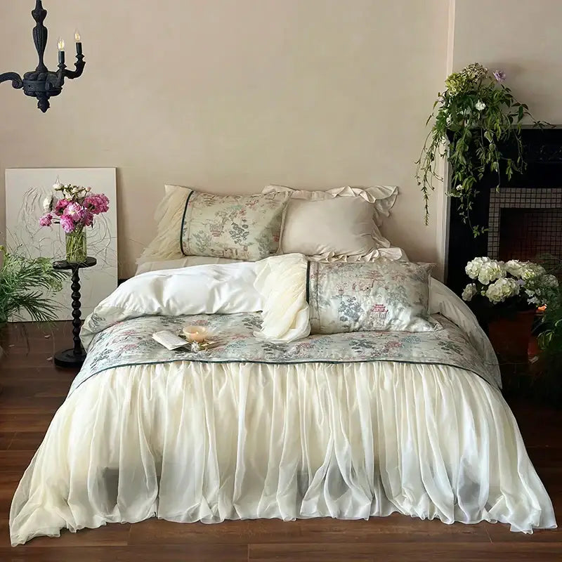 Cream-colored ruffled bed skirt with delicate floral pattern and sheer fabric in french princess lace ruffles bedding set