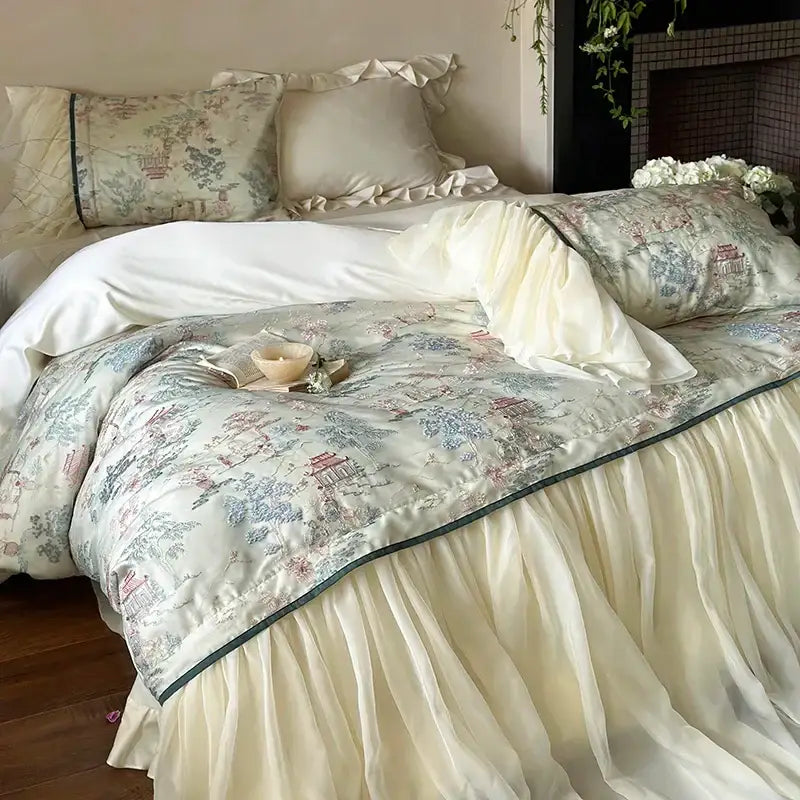 Cream-colored satin bedding set with lace ruffles and vintage toile print in soft blues pinks and greens french princess style