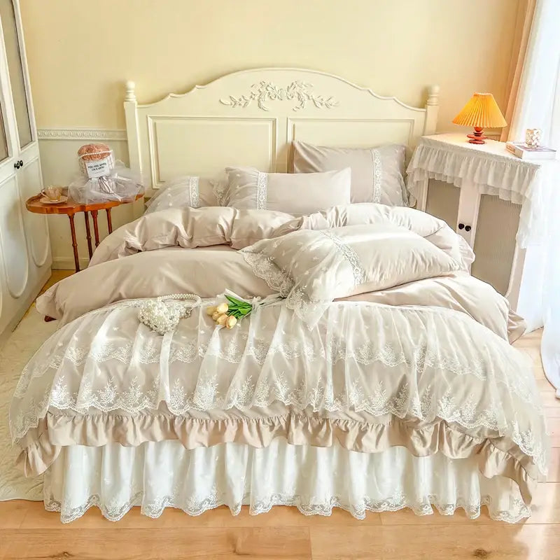 Beige and white lace-trimmed ruffled cotton bedding set with layered fabric tiers decorbites french princess lace design