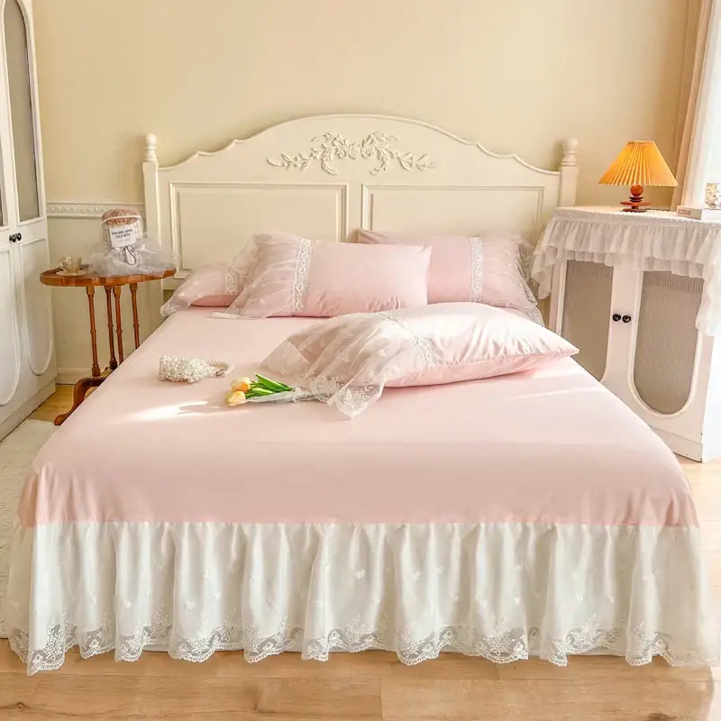 Pink satin bedding set with white lace ruffle and floral embroidery decorbites french princess lace design